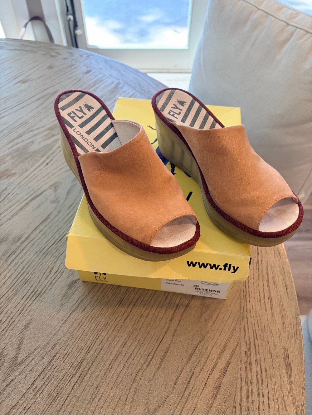 Fly London Tan Peep-Toe Platform Mules with Burgundy Trim